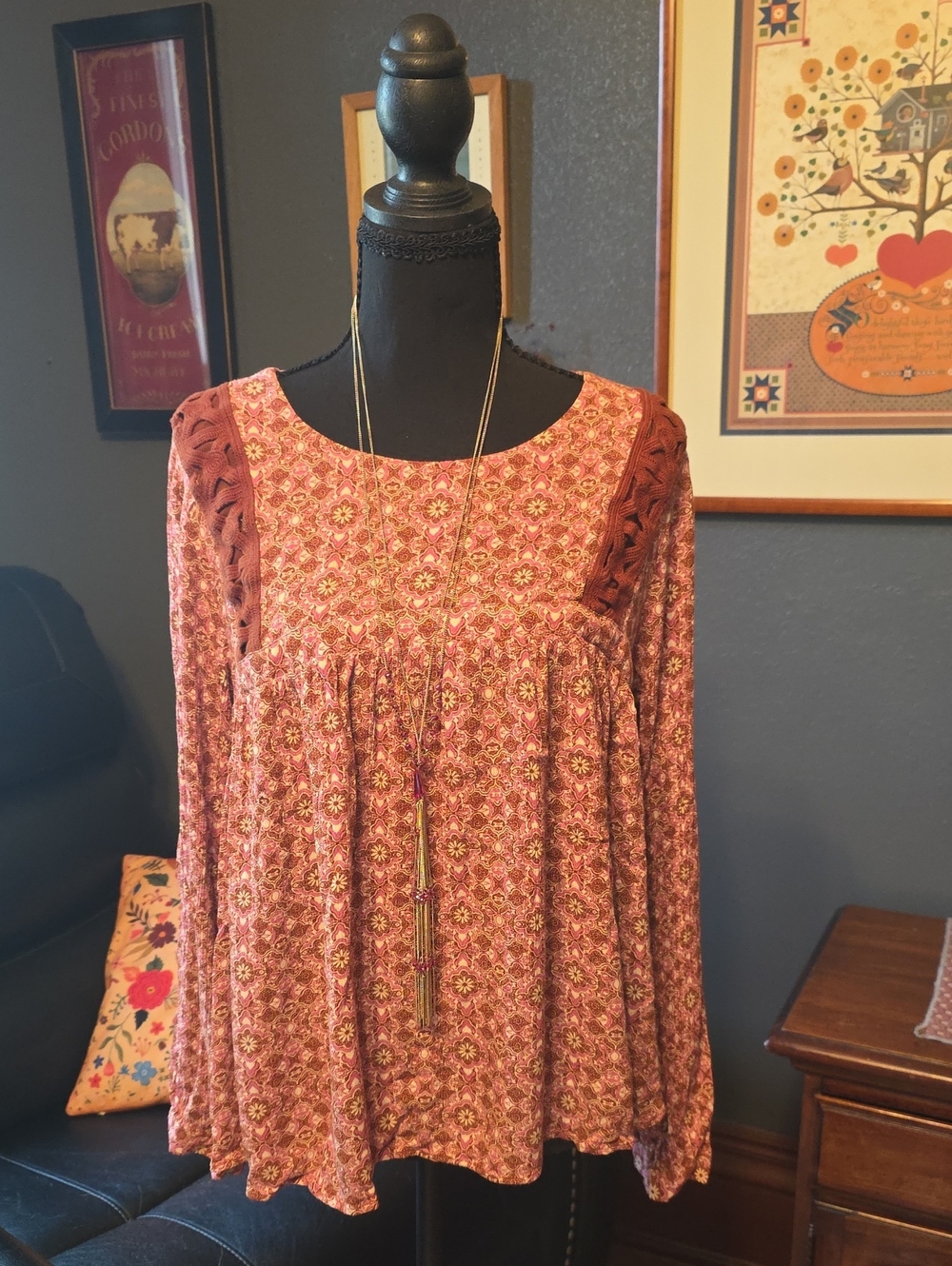 Boho Floral Peasant Blouse - Rust Pink